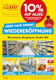 Netto Marken-Discount Prospekt für Römerberg mit 4 Seiten Netto Marken-Discount Prospekt für Römerberg: "Wiedereröffnung - 10% auf ALLES", 4 Seiten, 14.07.2026 - 18.07.2026