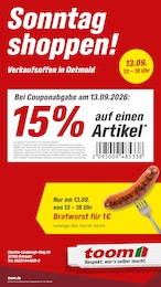 toom Baumarkt Prospekt für Lemgo mit 1 Seite toom Baumarkt Prospekt für Lemgo: "Sonntag shoppen!", 1 Seite, 13.09.2026 - 13.09.2026