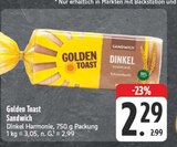 Sandwich Dinkel Harmonie im Angebot bei E center in Pirna Sandwich Dinkel Harmonie Angebote von Golden Toast bei E center Pirna für 2,29 €