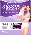 Wochenbett Pants discreet Postpartum, Gr. S/M von always im aktuellen dm-drogerie markt Prospekt für 9,95 €