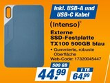 Externe SSD-Festplatte TX100 500GB blau im Angebot bei expert TeVi in Passau Externe SSD-Festplatte TX100 500GB blau Angebote von Intenso bei expert TeVi Passau für 44,99 €