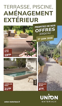 Catalogue Union-Matériaux de la semaine "AMÉNAGEMENT EXTÉRIEUR" avec 1 pages, valide du 23/03/2026 au 20/04/2026 pour Juvignac et alentours Prospectus Union-Matériaux de la semaine "AMÉNAGEMENT EXTÉRIEUR" avec 1 pages, valide du 23/03/2026 au 20/04/2026 pour Juvignac et alentours