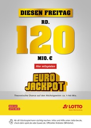 Supermarkt Prospekt von Lotto Baden-Württemberg Gottmadingen Lotto Baden-Württemberg Prospekt: "Diesen Freitag rund 120 Mio. € im Jackpot", 1 Seite, 13.11.2024 - 15.11.2024