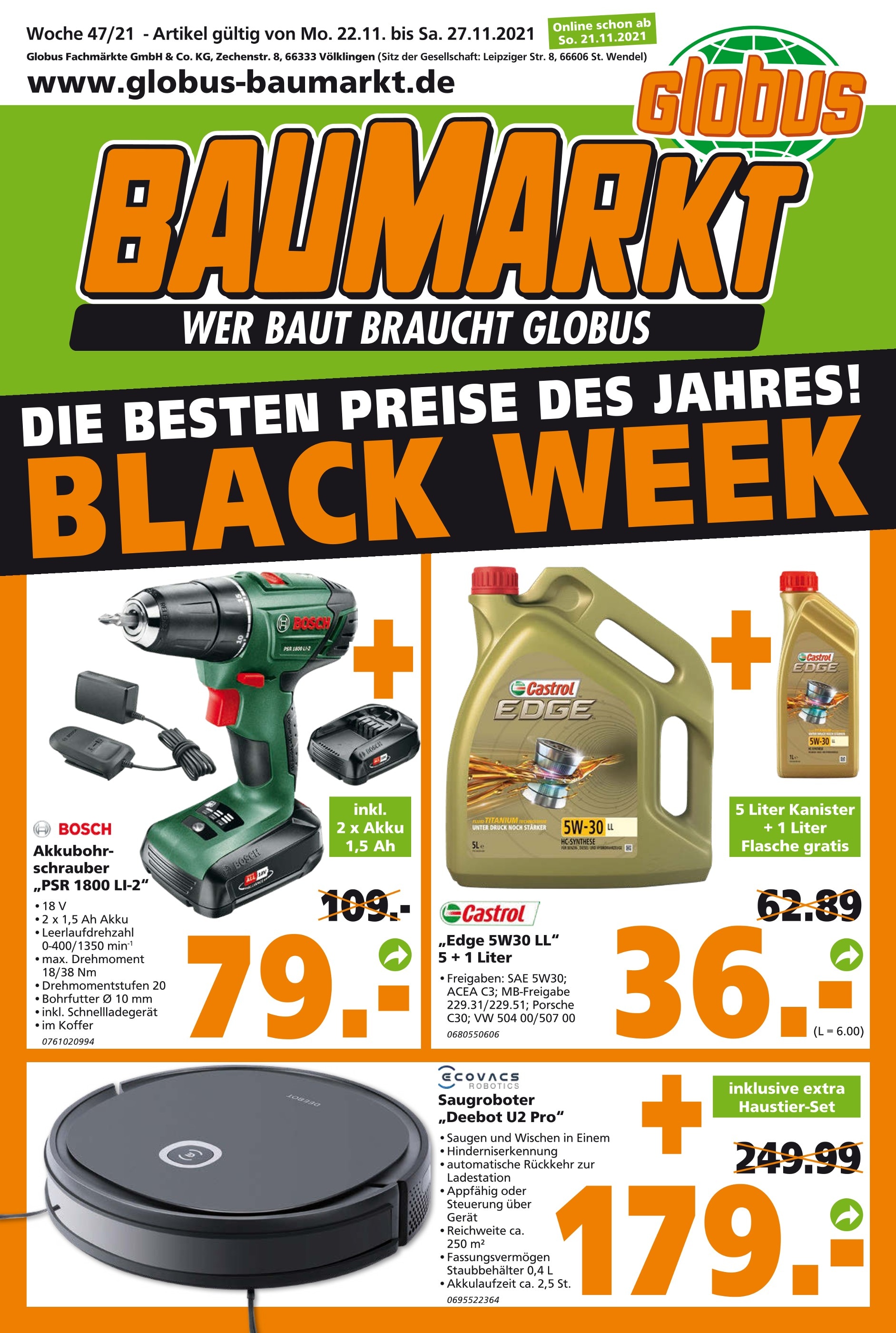 Globus-Baumarkt Prospekt für Müncheberg mit 9 Seiten Globus-Baumarkt Prospekt für Müncheberg: "DIE BESTEN PREISE DES JAHRES! BLACK WEEK", 9 Seiten, 21.11.2021 - 27.11.2021