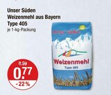 Mehl im V-Markt Prospekt Weizenmehl aus Bayern Type 405 von Unser Süden im aktuellen V-Markt Prospekt für 0,77 €