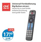 Universal-Fernbedienung Big Button URC6821 im V-Markt Prospekt Universal-Fernbedienung Big Button URC6821 von ONE FOR ALL im aktuellen V-Markt Prospekt für 17,99 €