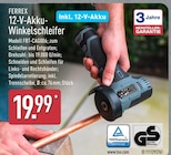 12-V-Akku-Winkelschleifer von FERREX für 19,99 € bei ALDI Nord im Angebot 12-V-Akku-Winkelschleifer von FERREX im aktuellen ALDI Nord Prospekt