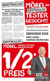 XXXLutz Möbelhäuser Prospekt "Möbeltester gesucht!" für Gemünden, 2 Seiten, 07.11.2022 - 03.12.2022 XXXLutz Möbelhäuser Prospekt "Möbeltester gesucht!" für Gemünden, 2 Seiten, 07.11.2022 - 03.12.2022
