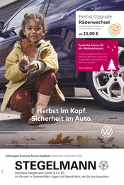 Volkswagen Werkstatt & Auto Prospekt der aktuellen Woche mit 1 Seite, gültig von 01.09.2026 bis 31.12.2026, in Detmold und Umgebung Aktueller Volkswagen Werkstatt & Auto Prospekt in Detmold und Umgebung, "Herbst im Kopf. Sicherheit im Auto." mit 1 Seite, 01.09.2026 - 31.12.2026