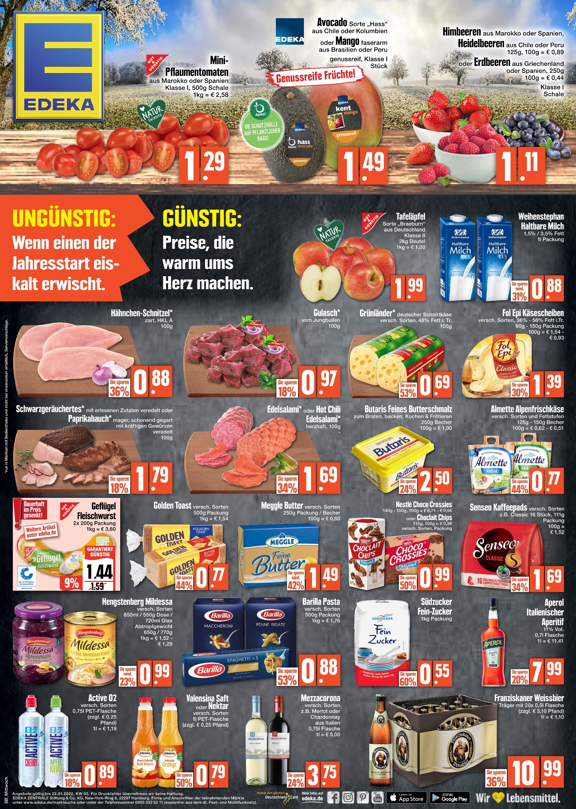 EDEKA Prospekt für Memmingen mit 1 Seite EDEKA Prospekt für Memmingen: "Preise, die warm ums Herz machen.", 1 Seite, 20.01.2022 - 22.01.2022