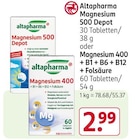 Magnesium 500 Depot oder Magnesium 400 + B1 + B6 + B12 + Folsäure Angebote von Altapharma bei Rossmann Rostock für 2,99 €