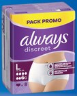 Culottes ou serviettes pour fuites urinaires pack promo - ALWAYS DISCREET en promo chez Super U Noisy-le-Grand à 4,32 €
