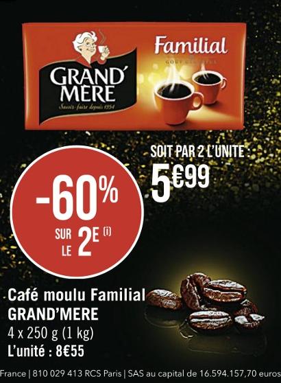 GRAND'MERE Café en grains familial 1kg pas cher 