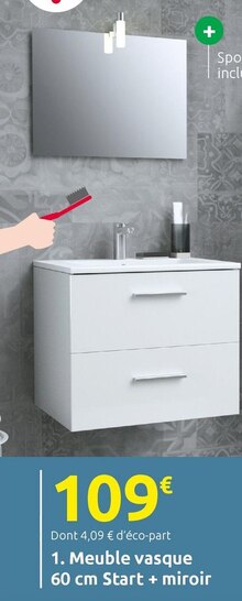 Mr Bricolage Staple - Meuble vasque 60 cm Start + miroir Promo Meuble vasque 60 cm Start + miroir dans le catalogue Mr Bricolage "40 ans d'idées pour tout rénover" à Staple