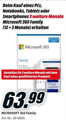 Microsoft 365 Family bei Media-Markt in Heinsberg Microsoft 365 Family im Angebot bei Media-Markt Heinsberg für 63,99 €