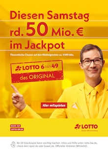 Lotto Baden-Württemberg Prospekt der Woche "Diesen Samstag rd. 50 Mio. € im Jackpot" Seite 1, 28.05.2026 bis 30.05.2026 für Bühlertal Aktueller Lotto Baden-Württemberg Prospekt "Diesen Samstag rd. 50 Mio. € im Jackpot" Seite 1 von 1 Seite für Bühlertal
