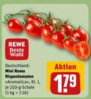 Mini Roma Rispentomaten im Angebot bei REWE in Ludwigshafen Mini Roma Rispentomaten Angebote von REWE Beste Wahl bei REWE Ludwigshafen für 1,79 €