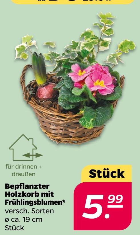 Bepflanzter Holzkorb mit Frühlingsblumen