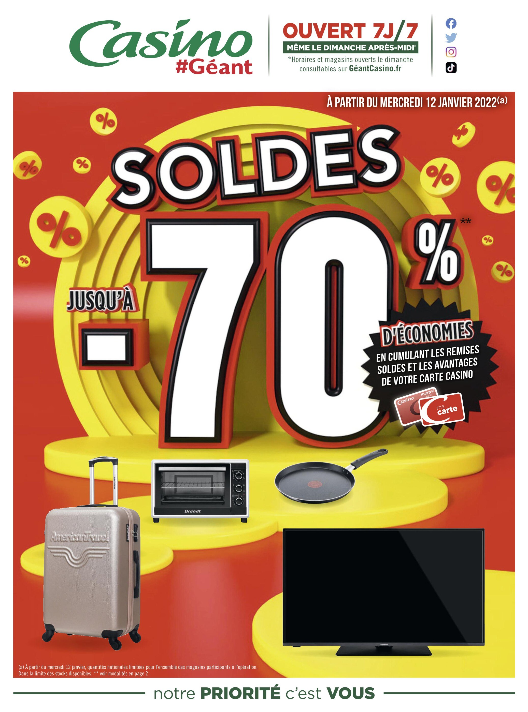 Catalogue Géant Casino à Paris, avec 12 pages Prospectus Géant Casino à Paris, "Soldes : Jusqu'à -70% d'économies", 12 pages, 12/01/2022 - 08/02/2022