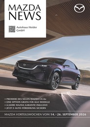 Mazda Prospekt "Mazda News", 1 Seite, 07.09.2026 - 07.09.2026 Aktueller Mazda Prospekt, "Mazda News", mit Angeboten der Woche, gültig von 07.09.2026 bis 07.09.2026