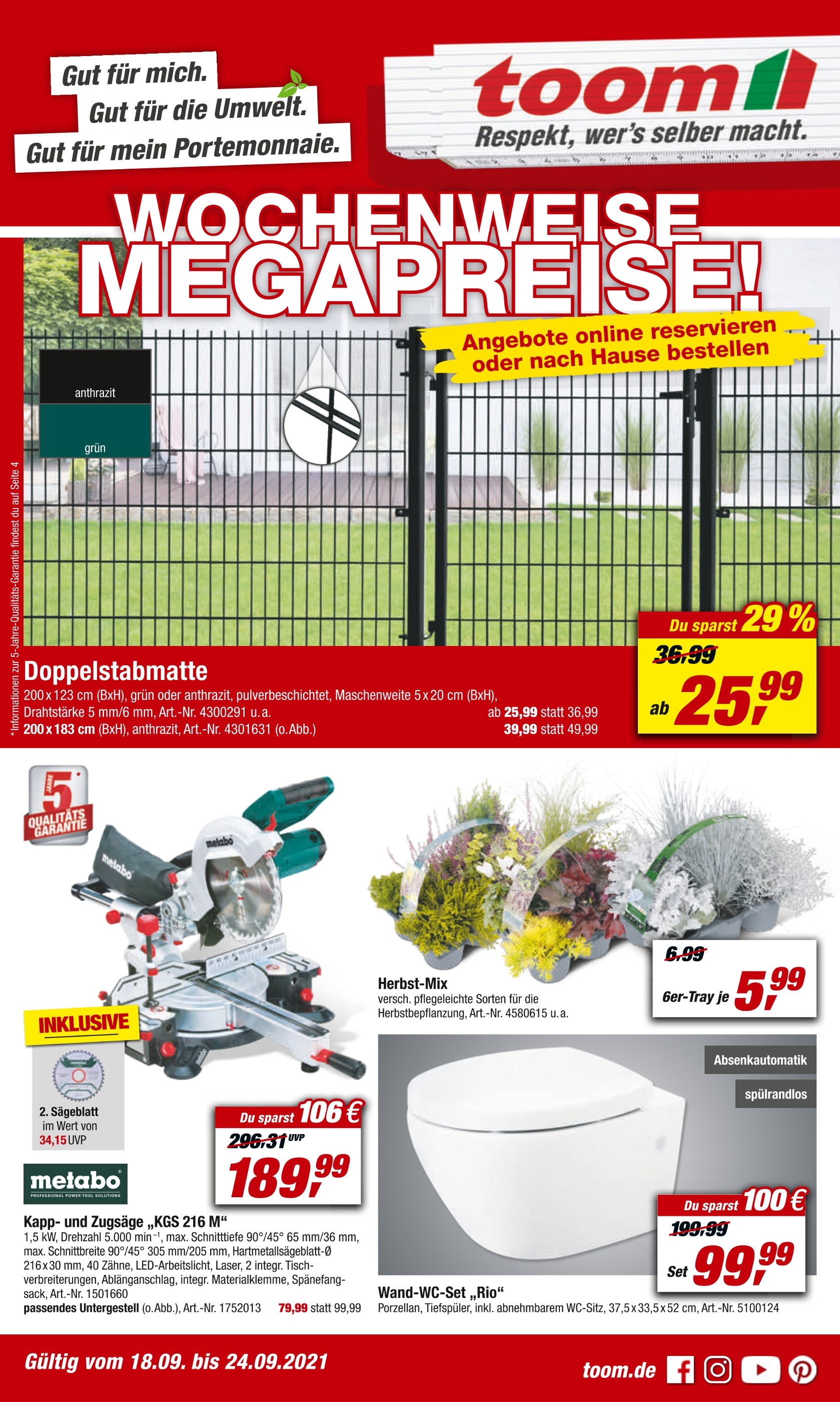 toom Baumarkt Prospekt für Burgstädt mit 24 Seiten toom Baumarkt Prospekt für Burgstädt: "WOCHENWEISE MEGAPREISE!", 24 Seiten, 18.09.2021 - 24.09.2021
