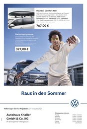 Aktueller Volkswagen Werkstatt & Auto Prospekt in Königsbrunn und Umgebung, "Mehr Platz für den Sommer" mit 1 Seite, 01.06.2025 - 31.08.2025