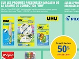50% avec la carte ticket e.Leclerc sur les produits présents en magasin de la gamme de correction UHU - UHU en promo chez E.Leclerc 50% avec la carte ticket e.Leclerc sur les produits présents en magasin de la gamme de correction UHU - UHU dans le catalogue E.Leclerc