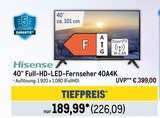 40“ Full-HD-LED-Fernseher 40A4K Angebote von Hisense bei Metro Neunkirchen für 226,09 €