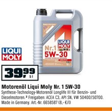 Motorenöl Liqui Moly Nr. 1 5W-30 bei OBI in Hamm Motorenöl Liqui Moly Nr. 1 5W-30 im Angebot bei OBI Hamm für 39,99 €
