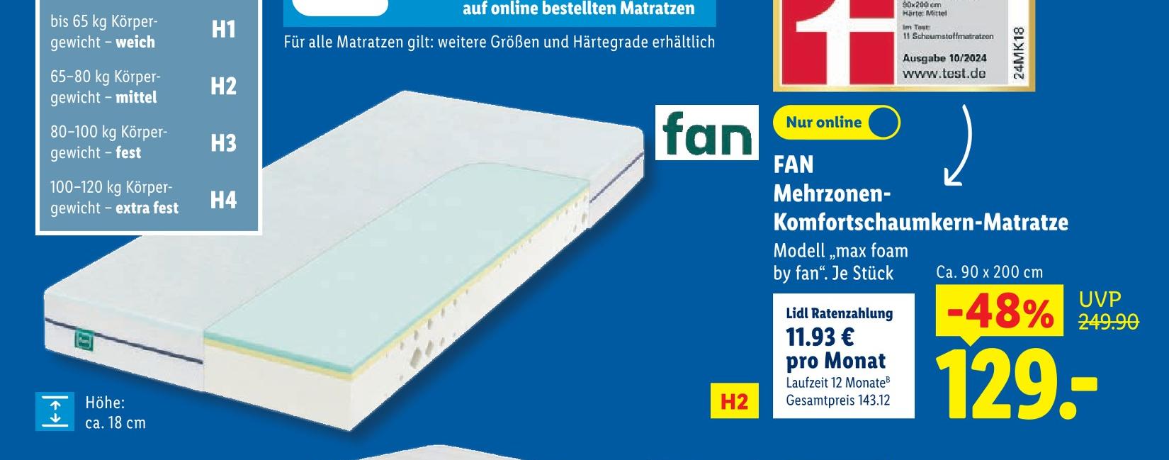 FAN Mehrzonen- Komfortschaumkern-Matratze