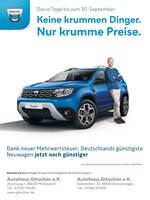 Dacia Prospekt für Lauterach mit 4 Seiten Dacia Prospekt für Lauterach: "Keine krummen Dinger. Nur krumme Preise.", 4 Seiten, 07.09.2020 - 30.09.2020