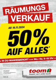 toom Baumarkt Prospekt "RÄUMUNGSVERKAUF - 50% AUF ALLES*" für Duisburg, 1 Seite, 16.11.2024 - 29.11.2024