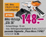 Akku-Astsäge „GTA 26“ von STIHL im aktuellen Hornbach Prospekt für 13,95 €