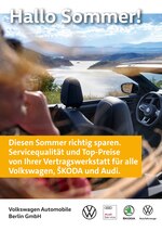 Volkswagen Prospekt für Berlin mit 6 Seiten Volkswagen Prospekt für Berlin: "Hallo Sommer", 6 Seiten, 17.07.2020 - 16.08.2020