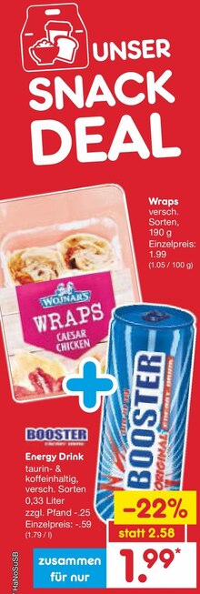 Wraps und Energy Drink bei Netto Marken-Discount in Essen Wraps und Energy Drink im Angebot bei Netto Marken-Discount Essen für 1,99 €