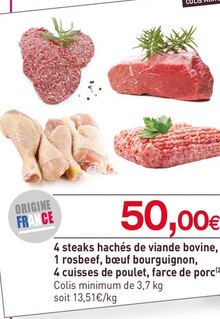 4 steaks hachés de viande bovine, 1 rosbeef, bœuf bourguignon, 4 cuisses de poulet, farce de porc - NaturéO à Massy 4 steaks hachés de viande bovine, 1 rosbeef, bœuf bourguignon, 4 cuisses de poulet, farce de porc en promo chez NaturéO Massy à 50,00 €