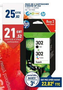 Cartouche Imprimante dans le catalogue Bureau Vallée PACK DE 2 CARTOUCHES D’ENCRE HP 302 à 25,82 € en promo chez Bureau Vallée