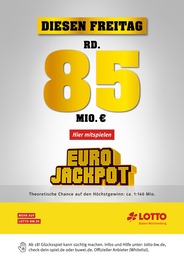 Weitere Geschäfte Prospekt von Lotto Baden-Württemberg Buchen Lotto Baden-Württemberg Prospekt: "Diesen Freitag rund 85 Mio. im Jackpot", 1 Seite, 07.06.2023 - 09.06.2023