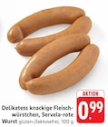 E center - Delikatess knackige Fleischwürstchen, Servela-rote Wurst Angebot im Prospekt Delikatess knackige Fleischwürstchen, Servela-rote Wurst bei E center im Prospekt "" für 0,99 €