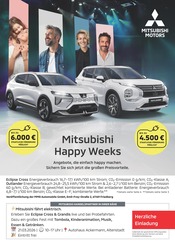 Mitsubishi Werkstatt & Auto Prospekt der aktuellen Woche mit 1 Seite, gültig von 16.03.2026 bis 12.04.2026, in Kümmersbruck und Umgebung Aktueller Mitsubishi Werkstatt & Auto Prospekt in Kümmersbruck und Umgebung, "Mitsubishi Happy Weeks" mit 1 Seite, 16.03.2026 - 12.04.2026