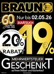Aktueller BRAUN Möbel-Center Möbel & Einrichtung Prospekt für Kirkel: MEHRWERTSTEUER GESCHENKT mit 4} Seiten, 25.04.2026 - 02.05.2026