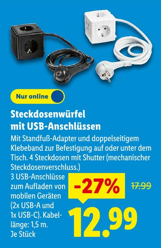 Steckdosenwürfel mit USB-Anschlüssen