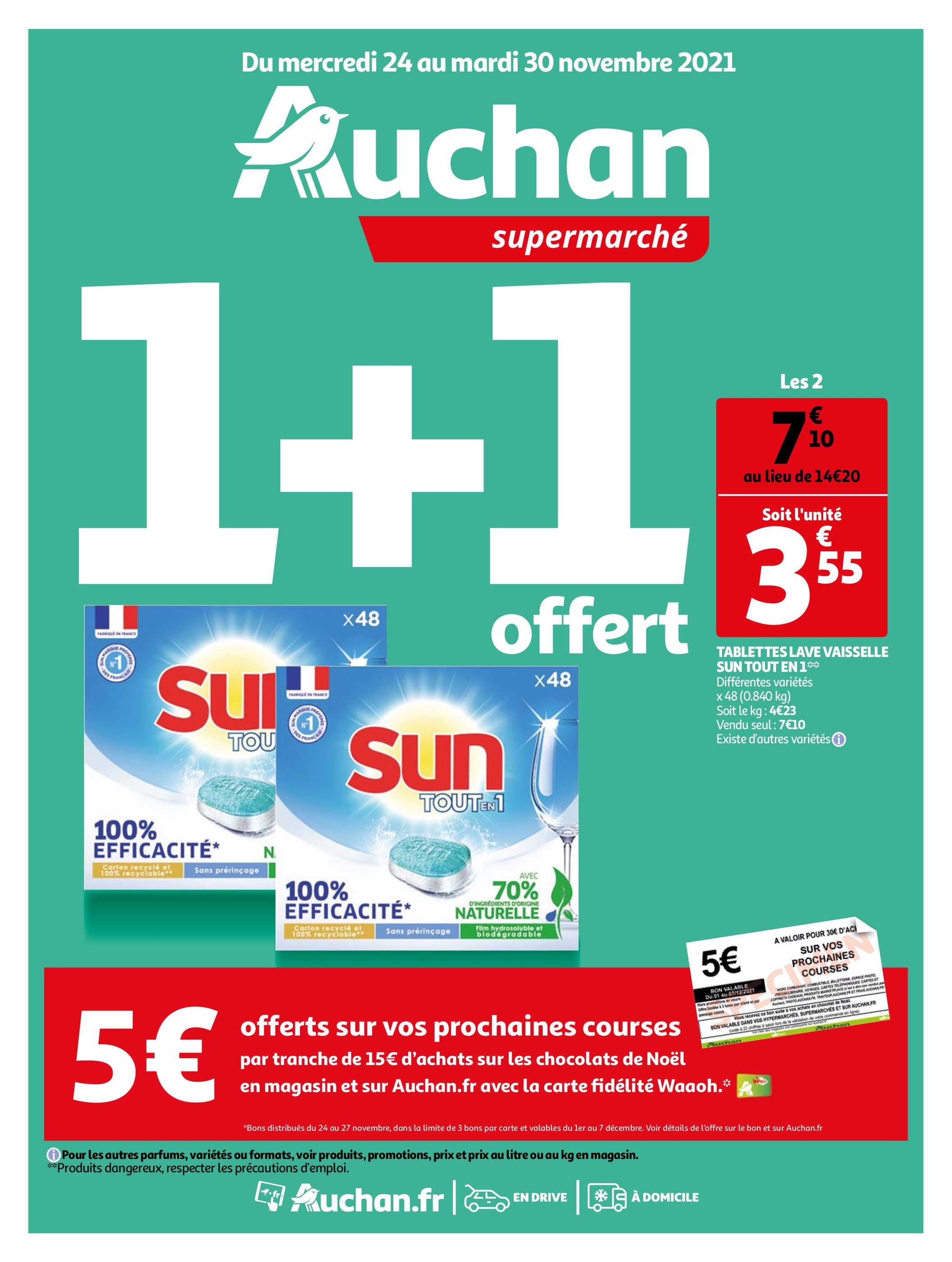 Catalogue Auchan à Avon, avec 16 pages Prospectus Auchan à Avon, "1+1 offert", 16 pages, 24/11/2021 - 30/11/2021