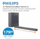 2.1 Kanal Soundbar TAB6305/10 im V-Markt Prospekt 2.1 Kanal Soundbar TAB6305/10 von Philips im aktuellen V-Markt Prospekt für 179,00 €