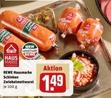 Schinken Zwiebelmettwurst im Angebot bei REWE in Bochum Schinken Zwiebelmettwurst Angebote von REWE Hausmarke bei REWE Bochum für 1,49 €