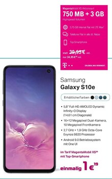 Galaxy S10e + Tarif MagentaMobil XS20 bei Telekom Partner Tönisvorst in Neuss Galaxy S10e + Tarif MagentaMobil XS20 im Angebot bei Telekom Partner Tönisvorst Neuss für 1,19 €