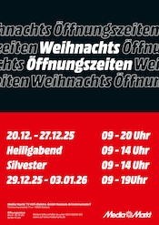 Aktueller MediaMarkt Saturn Elektromärkte Prospekt in Marlow und Umgebung, "Weihnachts Öffnungszeiten" mit 1 Seite, 19.12.2025 - 03.01.2026