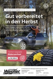 Aktueller Volkswagen Werkstatt & Auto Prospekt in Altmittweida und Umgebung, "Mit frischen Reifen durch den Herbst" mit 1 Seite, 01.09.2024 - 30.11.2024