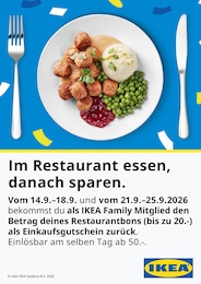 IKEA Prospekt für Erkelenz: "Im Restaurant essen, danach sparen.", 1 Seite, 14.09.2026 - 21.09.2026