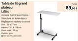 Table de lit grand plateau Liftis en promo chez Technicien de Santé Charleville-Mézières à 89,90 €